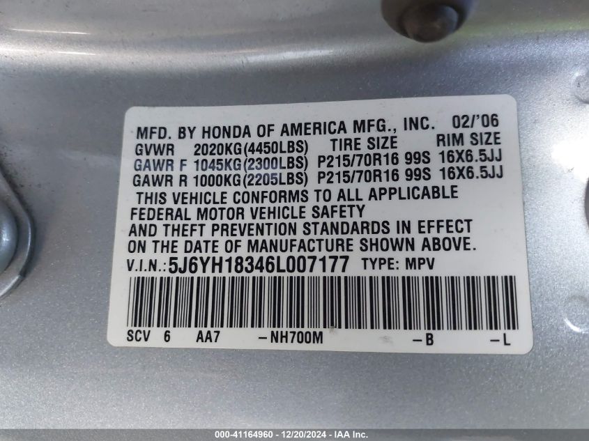 2006 Honda Element Lx VIN: 5J6YH18346L007177 Lot: 41164960