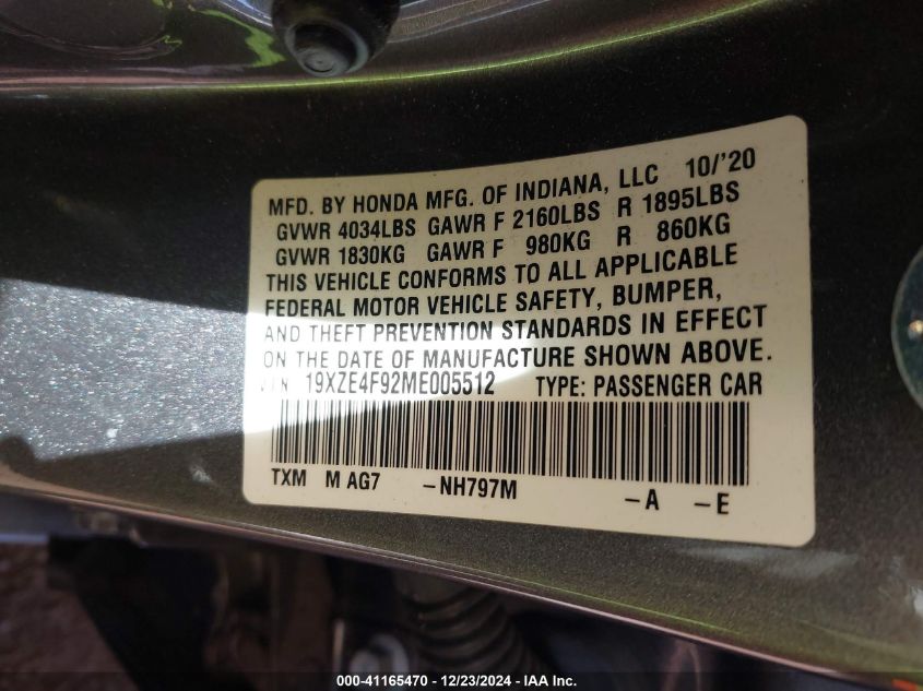 2021 Honda Insight Touring VIN: 19XZE4F92ME005512 Lot: 41165470