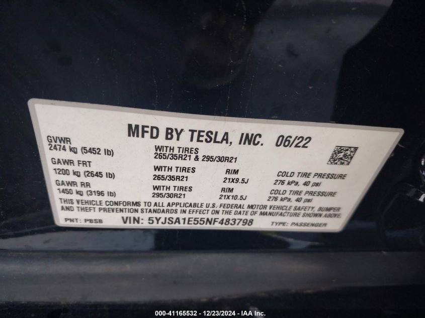 2022 Tesla Model S Dual Motor All-Wheel Drive VIN: 5YJSA1E55NF483798 Lot: 41165532