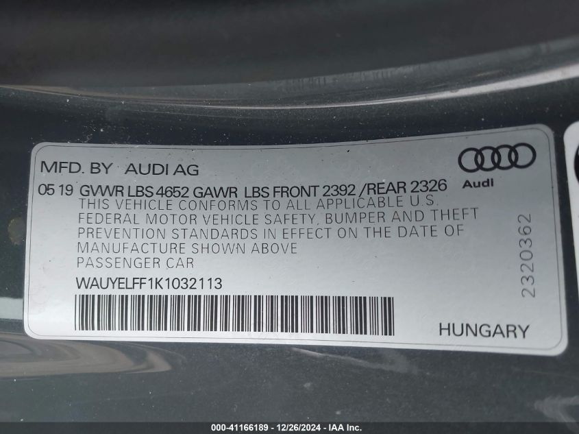 2019 Audi A3 45 Premium VIN: WAUYELFF1K1032113 Lot: 41166189