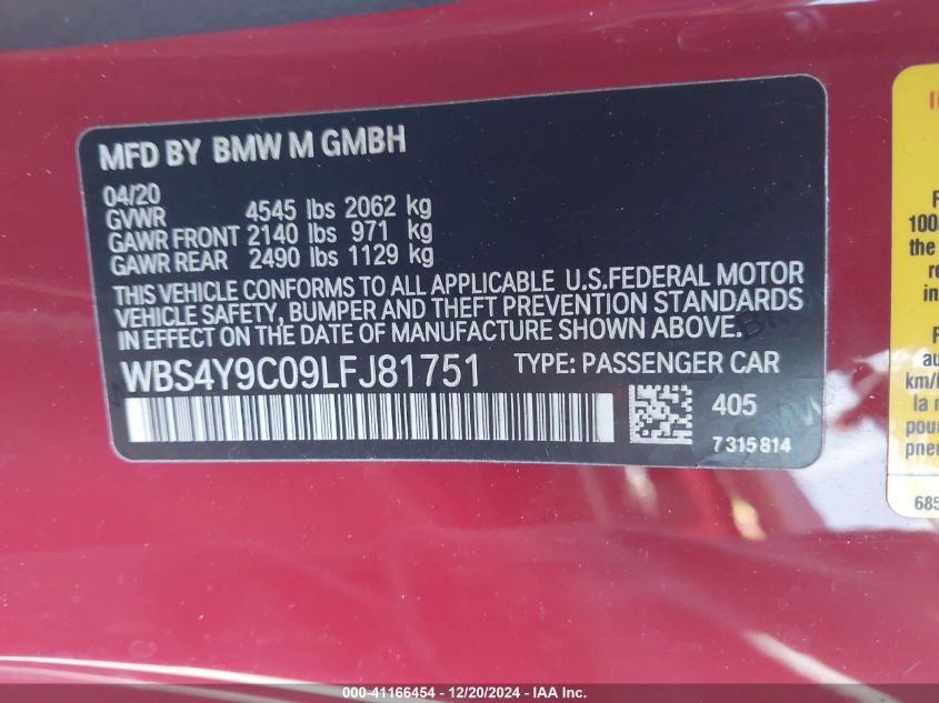 2020 BMW M4 VIN: WBS4Y9C09LFJ81751 Lot: 41166454