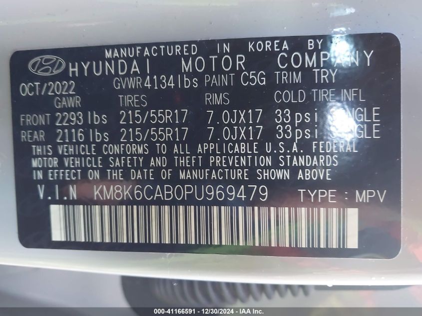 2023 Hyundai Kona Sel VIN: KM8K6CAB0PU969479 Lot: 41166591