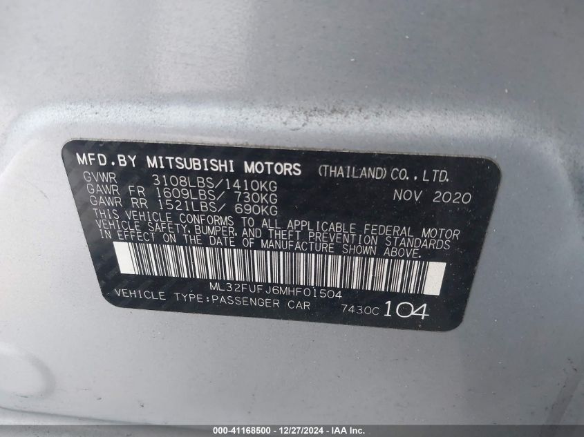 2021 Mitsubishi Mirage G4 Carbonite Edition/Es/Le VIN: ML32FUFJ6MHF01504 Lot: 41168500