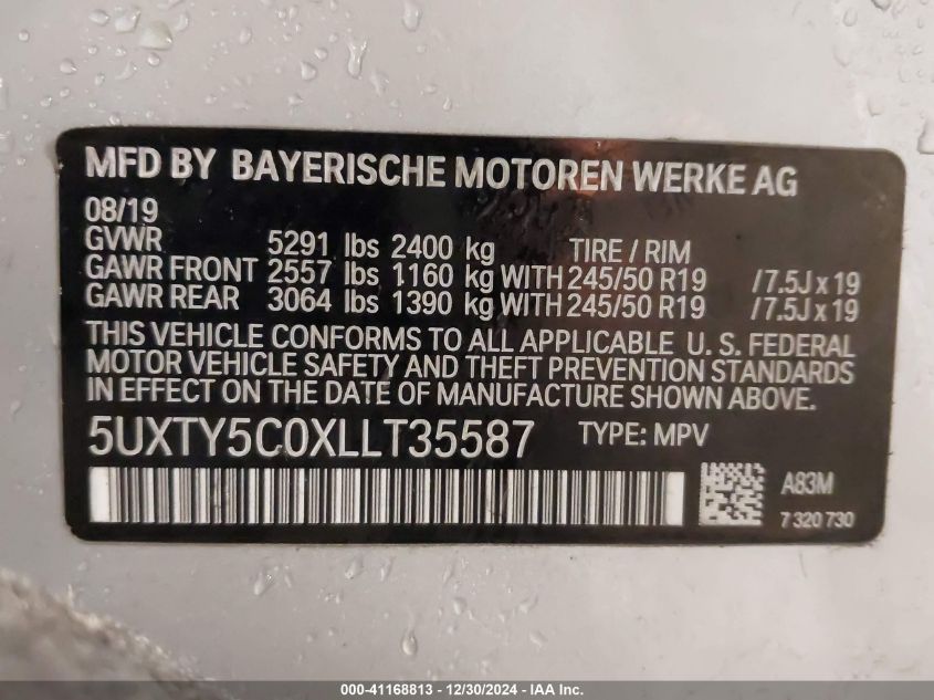 2020 BMW X3 xDrive30I VIN: 5UXTY5C0XLLT35587 Lot: 41168813