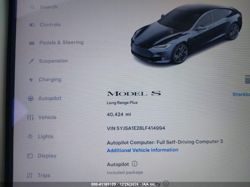 2020 Tesla Model S Long Range Dual Motor All-Wheel Drive/Long Range Plus Dual Motor All-Wheel Drive VIN: 5YJSA1E28LF414994 Lot: 41169109