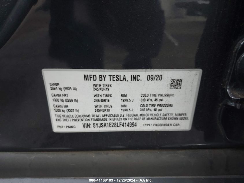 2020 Tesla Model S Long Range Dual Motor All-Wheel Drive/Long Range Plus Dual Motor All-Wheel Drive VIN: 5YJSA1E28LF414994 Lot: 41169109