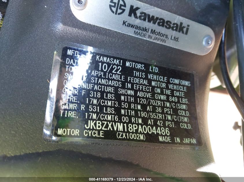 2023 Kawasaki Zx1002 M VIN: JKBZXVM18PA004486 Lot: 41169379