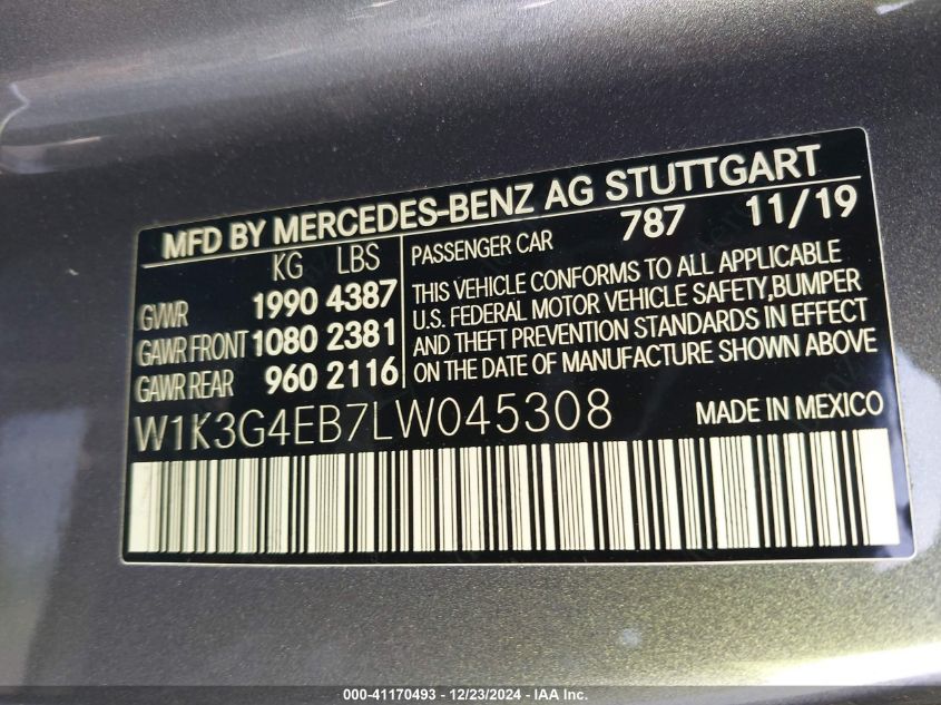 2020 Mercedes-Benz A VIN: W1K3G4EB7LW045308 Lot: 41170493