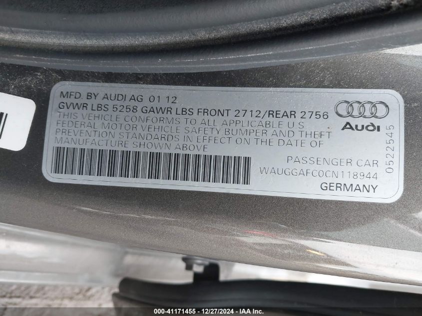 2012 Audi A6 3.0 Premium VIN: WAUGGAFC0CN118944 Lot: 41171455