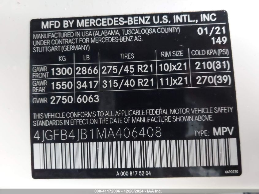 2021 Mercedes-Benz Gle 350 VIN: 4JGFB4JB1MA406408 Lot: 41172086