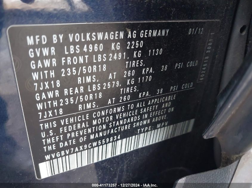 2012 Volkswagen Tiguan Se VIN: WVGBV7AX9CW559834 Lot: 41173257