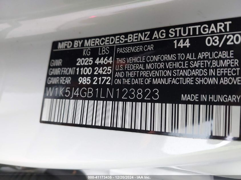 2020 Mercedes-Benz Cla 250 VIN: W1K5J4GB1LN123823 Lot: 41173435