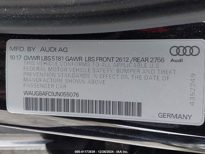 2018 Audi A6 2.0T Premium VIN: WAUG8AFC9JN055076 Lot: 41173839