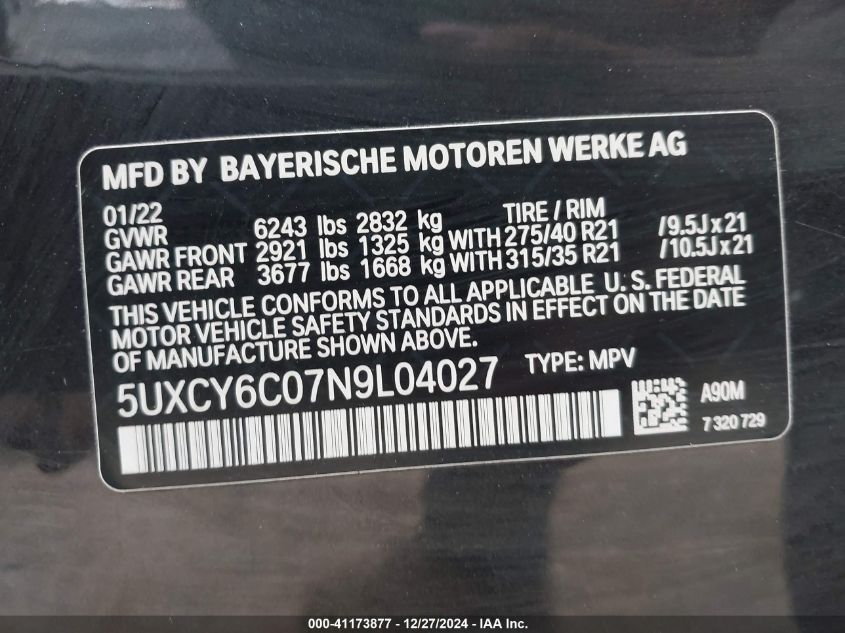 2022 BMW X6 xDrive40I VIN: 5UXCY6C07N9L04027 Lot: 41173877