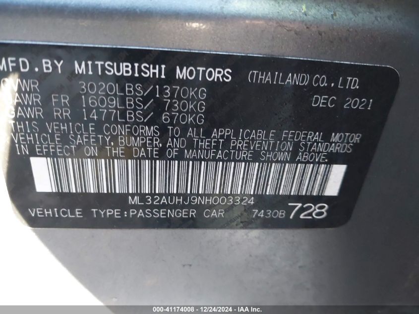 2022 Mitsubishi Mirage Es/Le VIN: ML32AUHJ9NH003324 Lot: 41174008