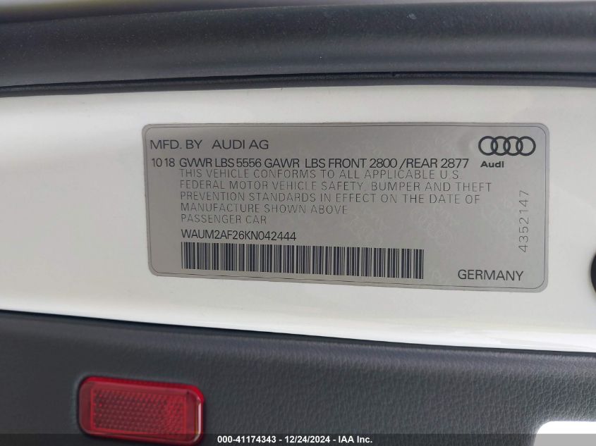 2019 Audi A6 55 Premium VIN: WAUM2AF26KN042444 Lot: 41174343