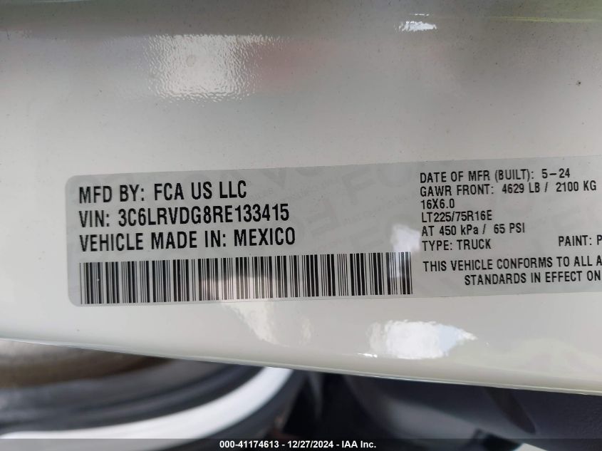 2024 Ram Promaster 2500 Tradesman High Roof 159 Wb W/Pass Seat VIN: 3C6LRVDG8RE133415 Lot: 41174613