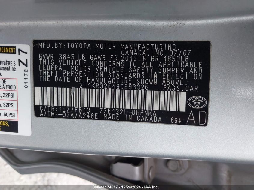 2008 Toyota Corolla Matrix Xr VIN: 2T1KR32E48C693326 Lot: 41174617