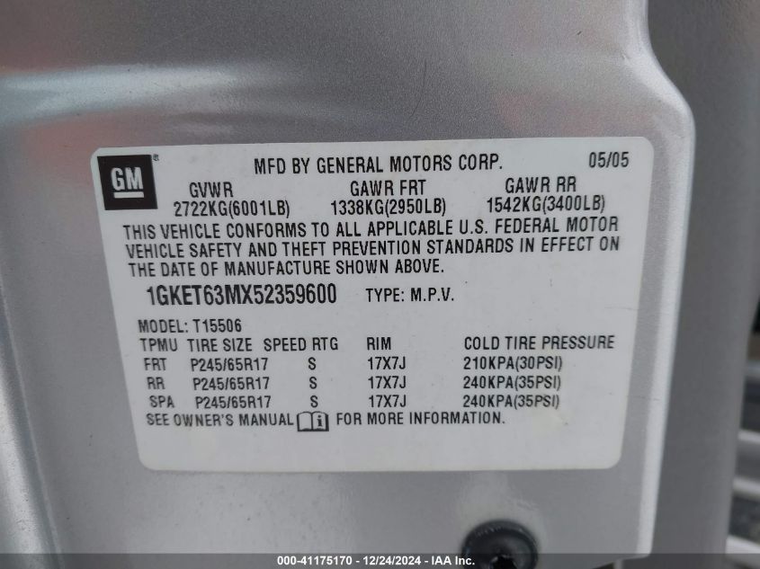 2005 GMC Envoy Denali VIN: 1GKET63MX52359600 Lot: 41175170