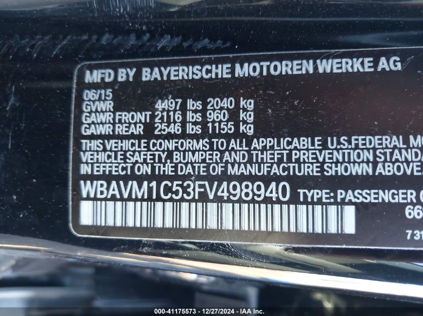 2015 BMW X1 Sdrive28I VIN: WBAVM1C53FV498940 Lot: 41175573