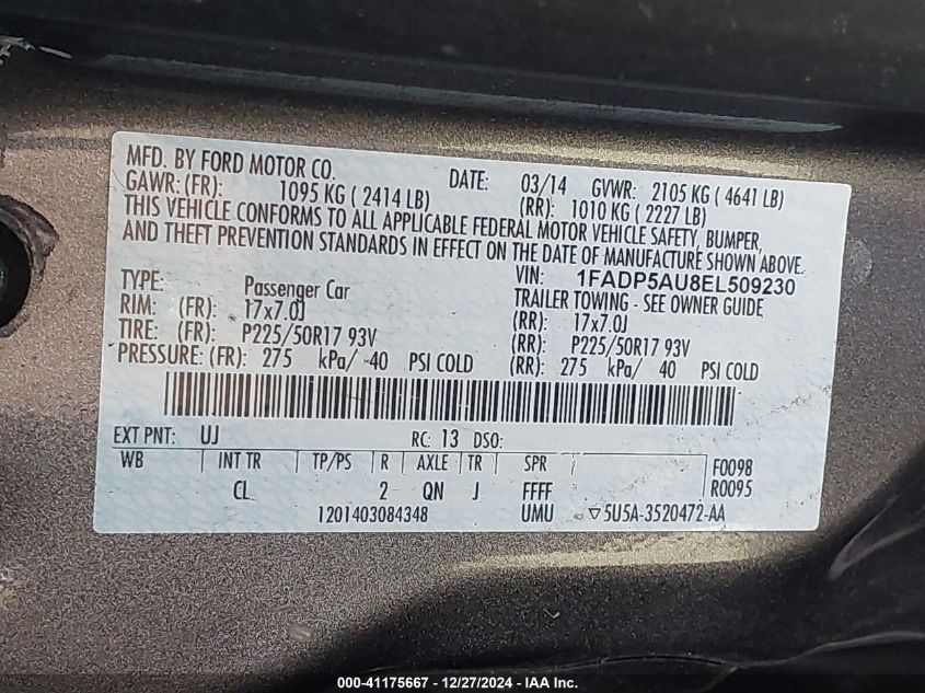 2014 Ford C-Max Hybrid Se VIN: 1FADP5AU8EL509230 Lot: 41175667