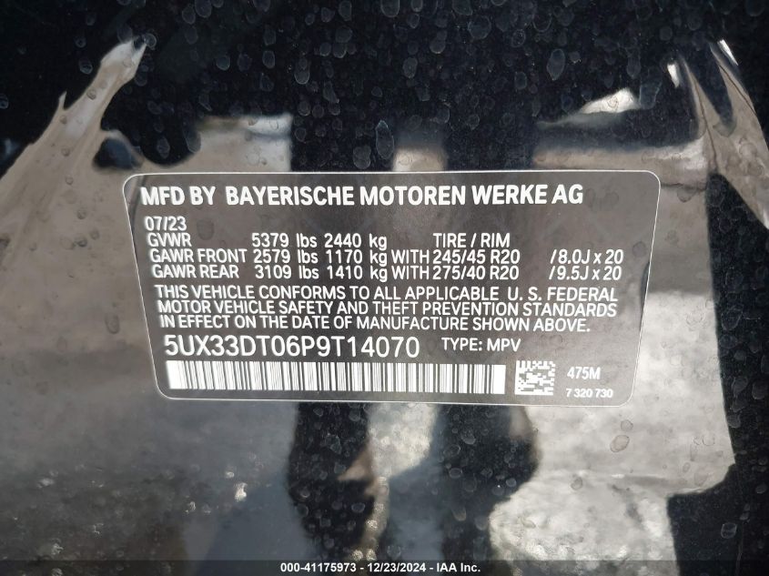 2023 BMW X4 xDrive30I VIN: 5UX33DT06P9T14070 Lot: 41175973