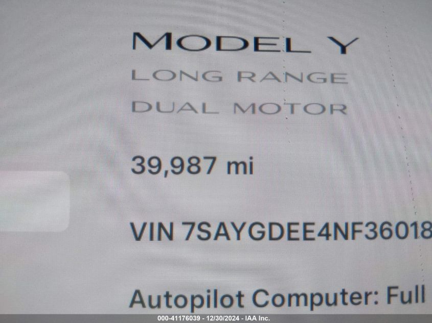 2022 Tesla Model Y Long Range Dual Motor All-Wheel Drive VIN: 7SAYGDEE4NF360183 Lot: 41176039