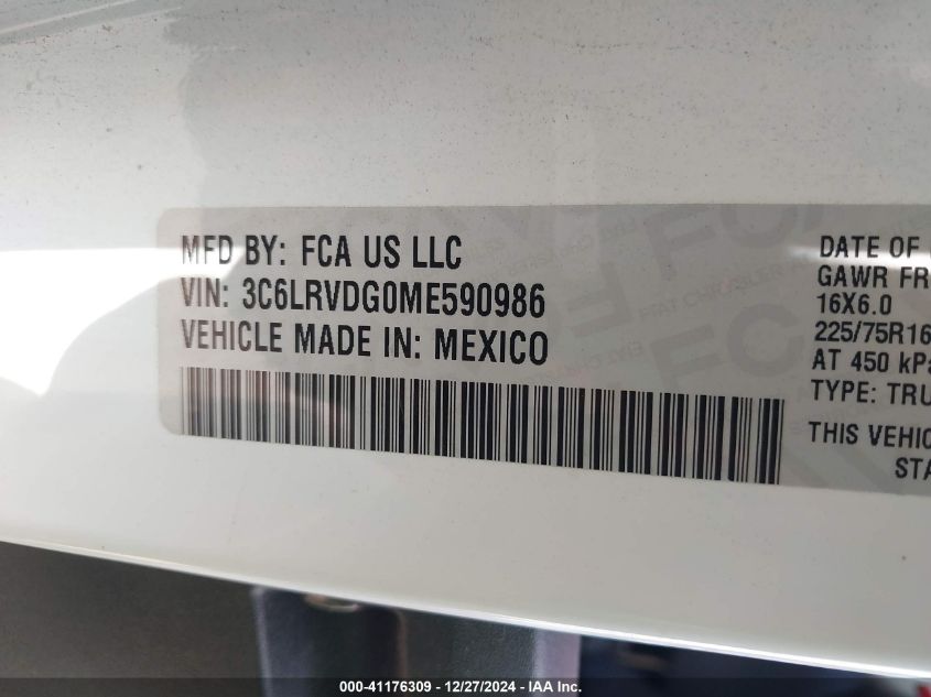 2021 Ram Promaster 2500 High Roof 159 Wb VIN: 3C6LRVDG0ME590986 Lot: 41176309