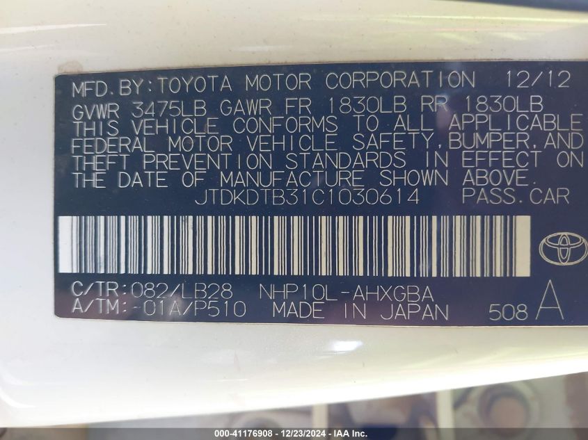 2012 Toyota Prius C VIN: JTDKDTB31C1030614 Lot: 41176908