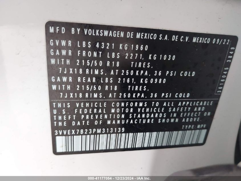 2023 Volkswagen Taos 1.5T Se VIN: 3VVEX7B23PM313139 Lot: 41177054