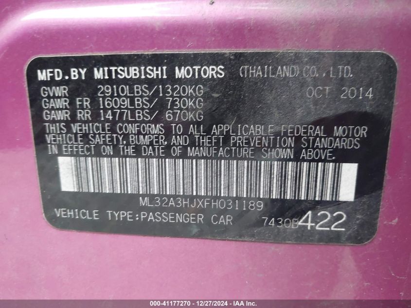 2015 Mitsubishi Mirage De/Rf VIN: ML32A3HJXFH031189 Lot: 41177270