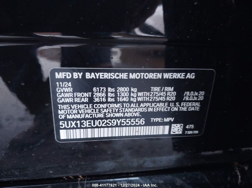 2025 BMW X5 Sdrive40I VIN: 5UX13EU02S9Y55556 Lot: 41177621