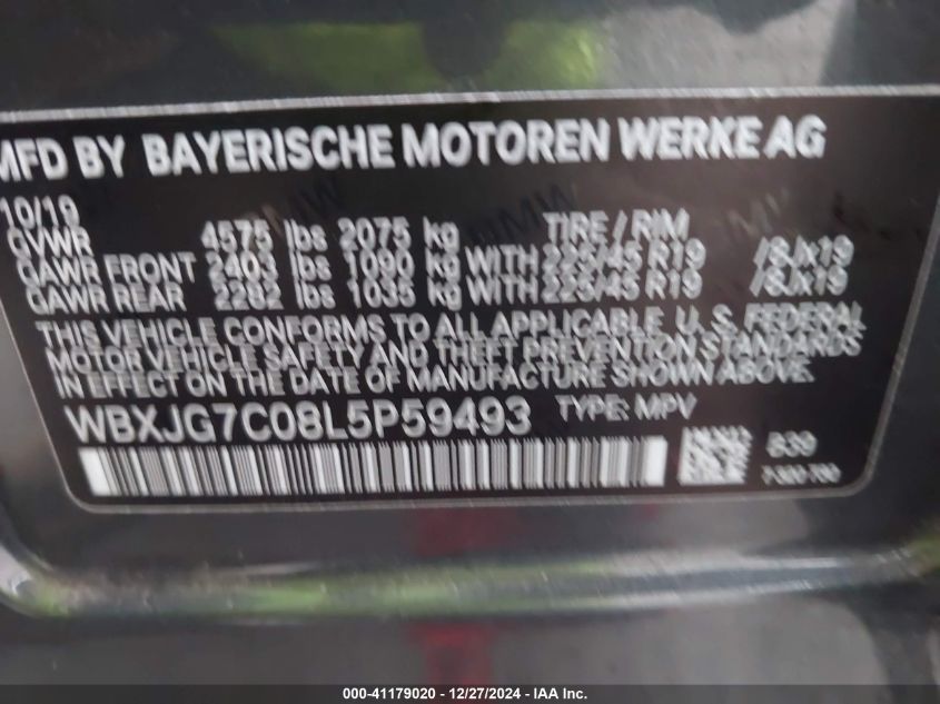 2020 BMW X1 Sdrive28I VIN: WBXJG7C08L5P59493 Lot: 41179020