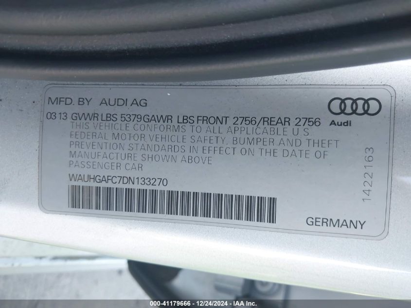 2013 Audi A6 3.0T Premium VIN: WAUHGAFC7DN133270 Lot: 41179666