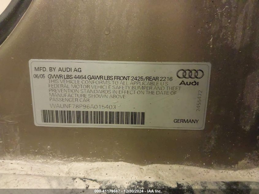 2006 Audi A3 2.0T VIN: WAUNF78P96A015403 Lot: 41179667