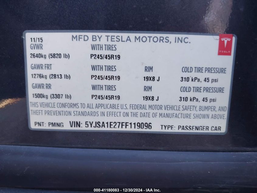 2015 Tesla Model S 70D/85D/P85D VIN: 5YJSA1E27FF119096 Lot: 41180083