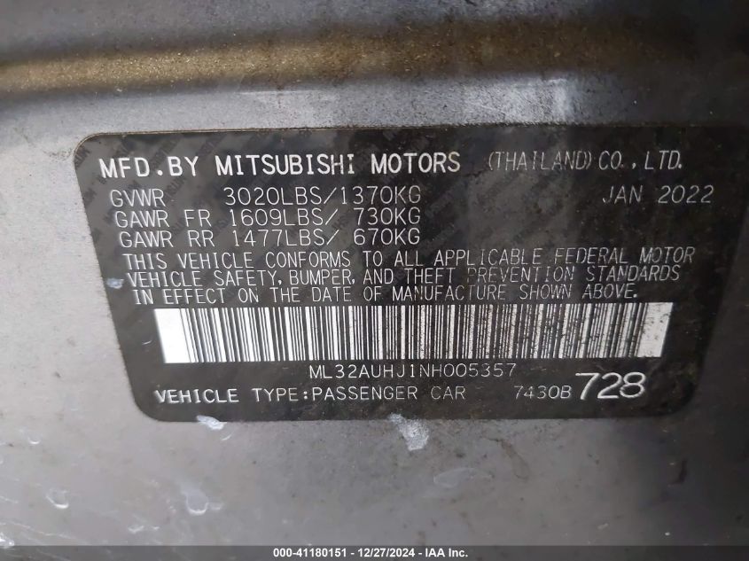 2022 Mitsubishi Mirage Es/Le VIN: ML32AUHJ1NH005357 Lot: 41180151