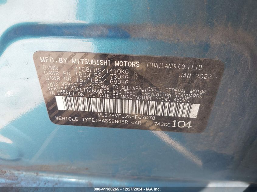 2022 Mitsubishi Mirage G4 Se VIN: ML32FVFJ2NHF07078 Lot: 41180265