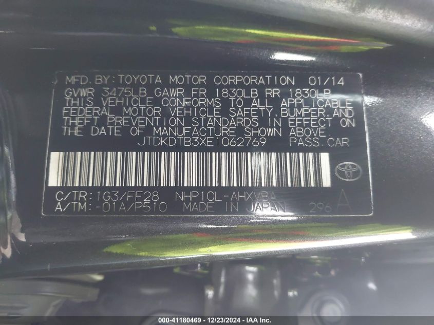 2014 Toyota Prius C Two VIN: JTDKDTB3XE1062769 Lot: 41180469