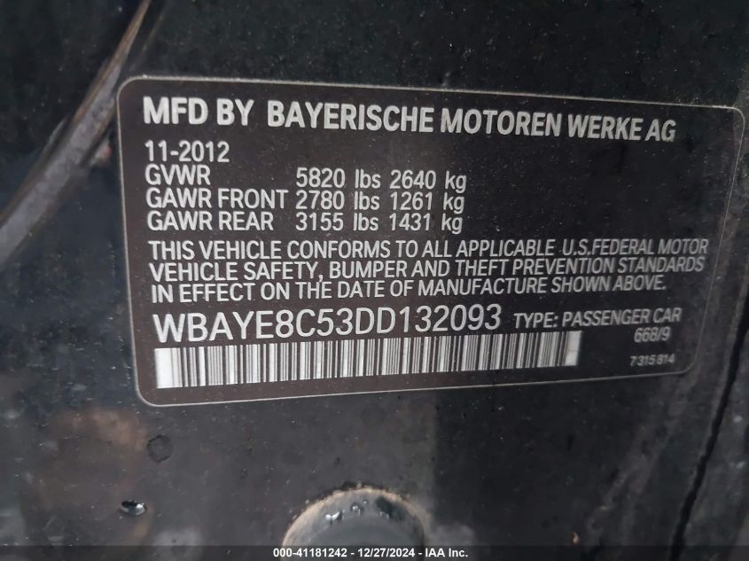 2013 BMW 750Li VIN: WBAYE8C53DD132093 Lot: 41181242