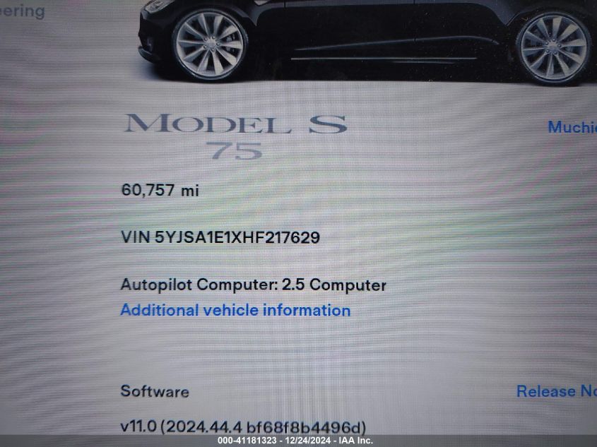 2017 Tesla Model S 60/75 VIN: 5YJSA1E1XHF217629 Lot: 41181323