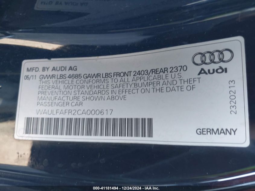 2012 Audi A5 2.0T Premium VIN: WAULFAFR2CA000617 Lot: 41181494