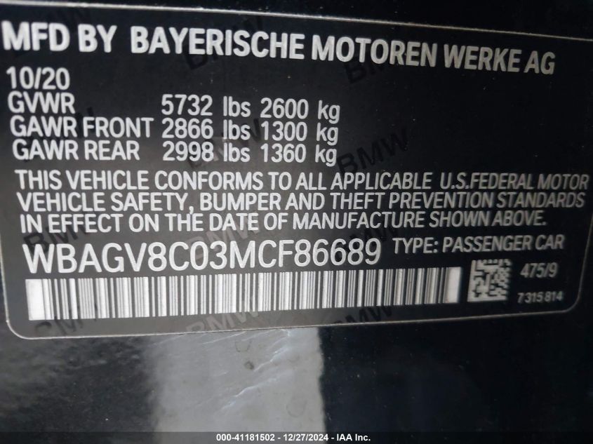 2021 BMW M850I Gtan Coupe xDrive VIN: WBAGV8C03MCF86689 Lot: 41181502