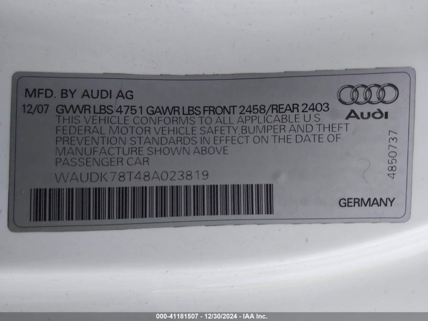 2008 Audi A5 3.2L VIN: WAUDK78T48A023819 Lot: 41181507