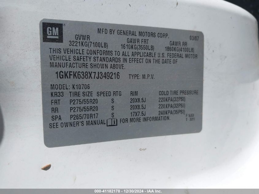 2007 GMC Yukon Denali VIN: 1GKFK638X7J349216 Lot: 41182178