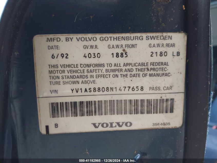 1992 Volvo 240 Gl VIN: YV1AS8808N1477658 Lot: 41182985