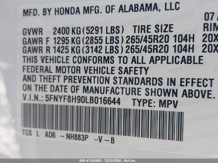 2020 Honda Passport Awd Touring VIN: 5FNYF8H90LB016644 Lot: 41183065