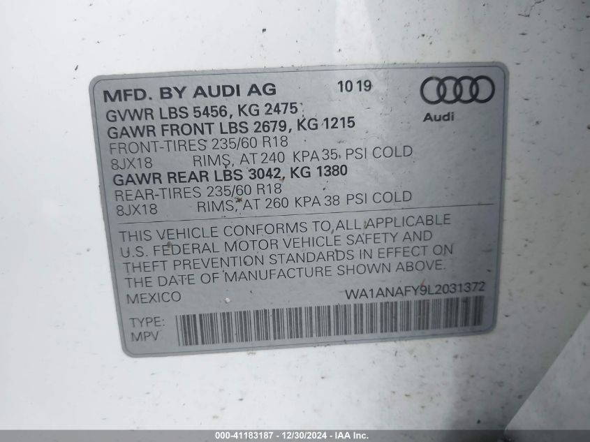 2020 Audi Q5 Premium 45 Tfsi Quattro S Tronic/Titanium Premium 45 Tfsi Quattro S Tronic VIN: WA1ANAFY9L2031372 Lot: 41183187