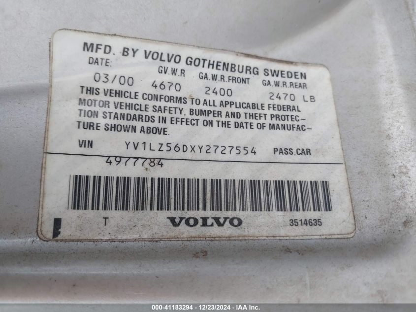 2000 Volvo V70 VIN: YV1LZ56DXY2727554 Lot: 41183294