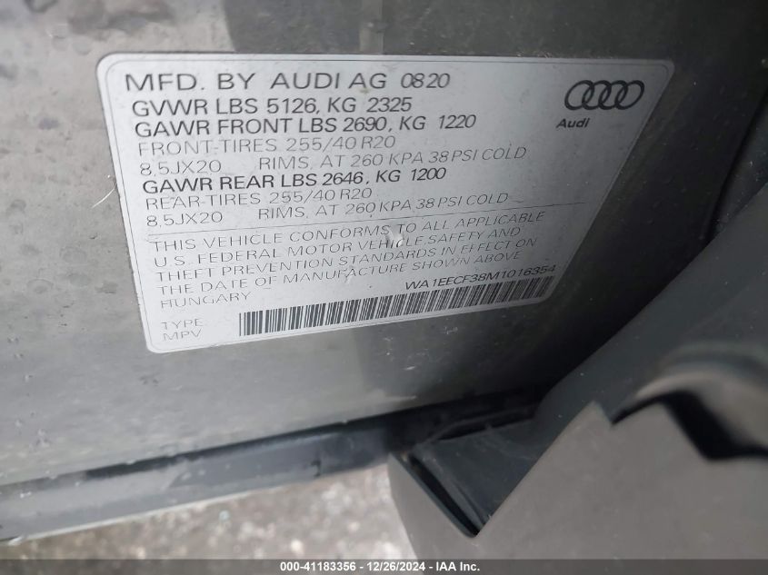 2021 Audi Q3 Premium Plus 45 Tfsi S Line Quattro Tiptronic VIN: WA1EECF38M1016354 Lot: 41183356